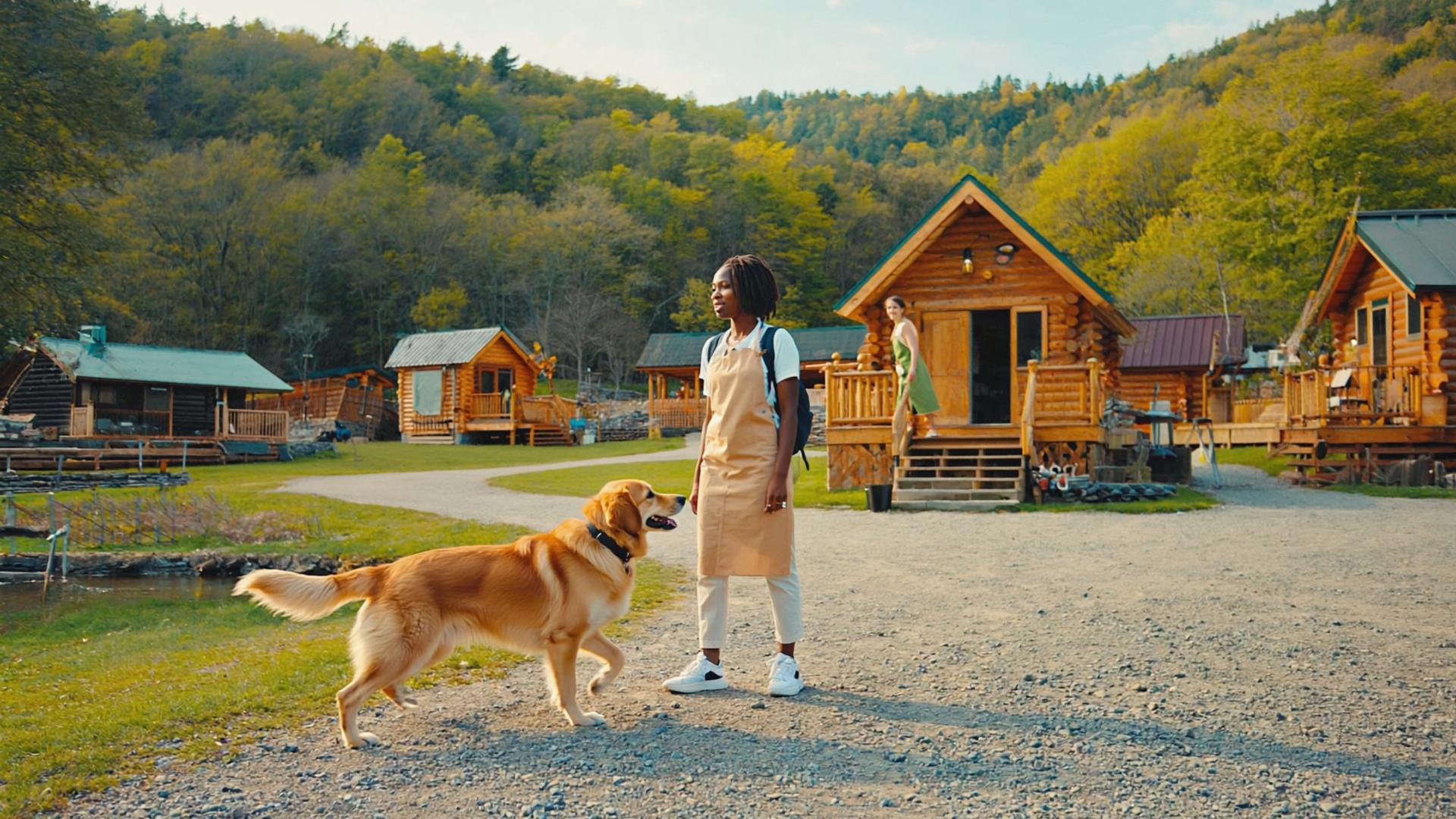 A woman with a backpack is greeted by a golden retriever on the gravel path of a small cabin community