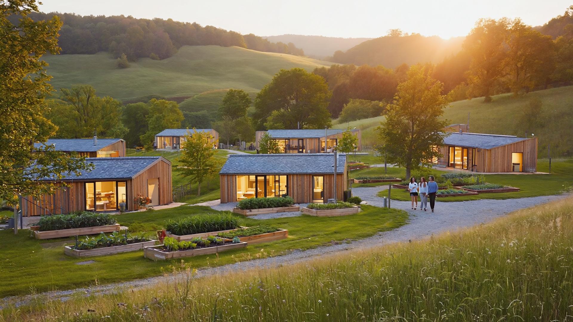 Small timber cabins among gardens on a green hillside at golden hour
