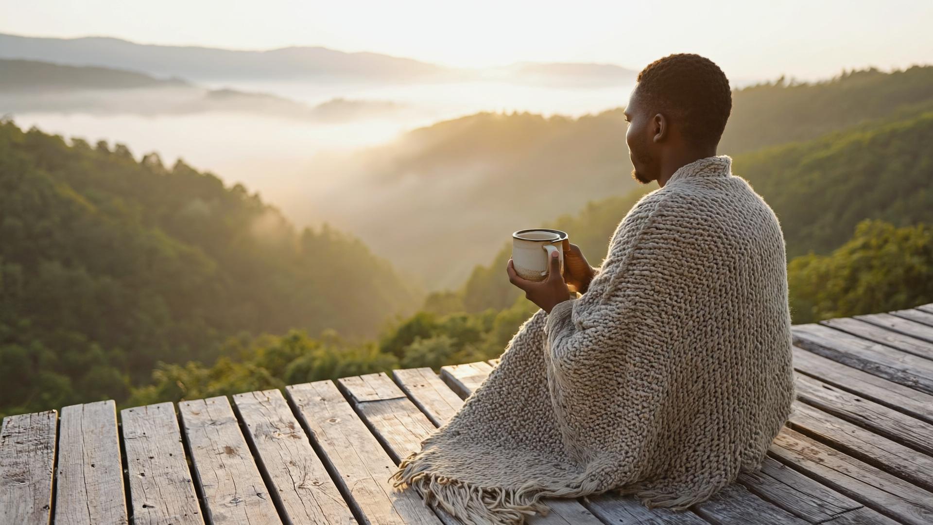 A person wrapped in a blanket on a wooden terrace at dawn, looking out over misty green hills