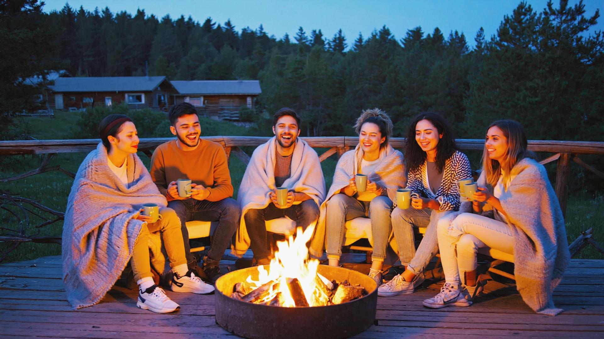 Six adults wrapped in blankets laughing around a fire pit at dusk