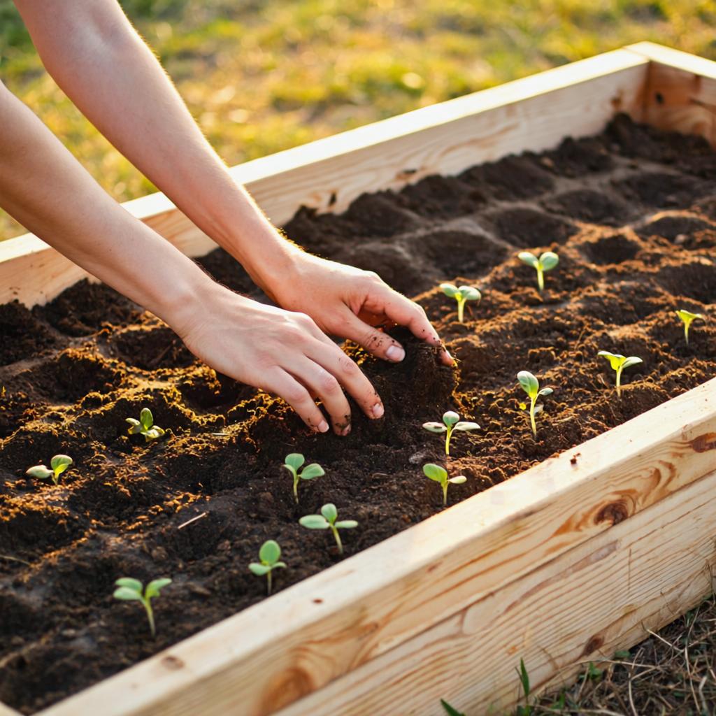 Hands planting seedlings in a raised garden bed