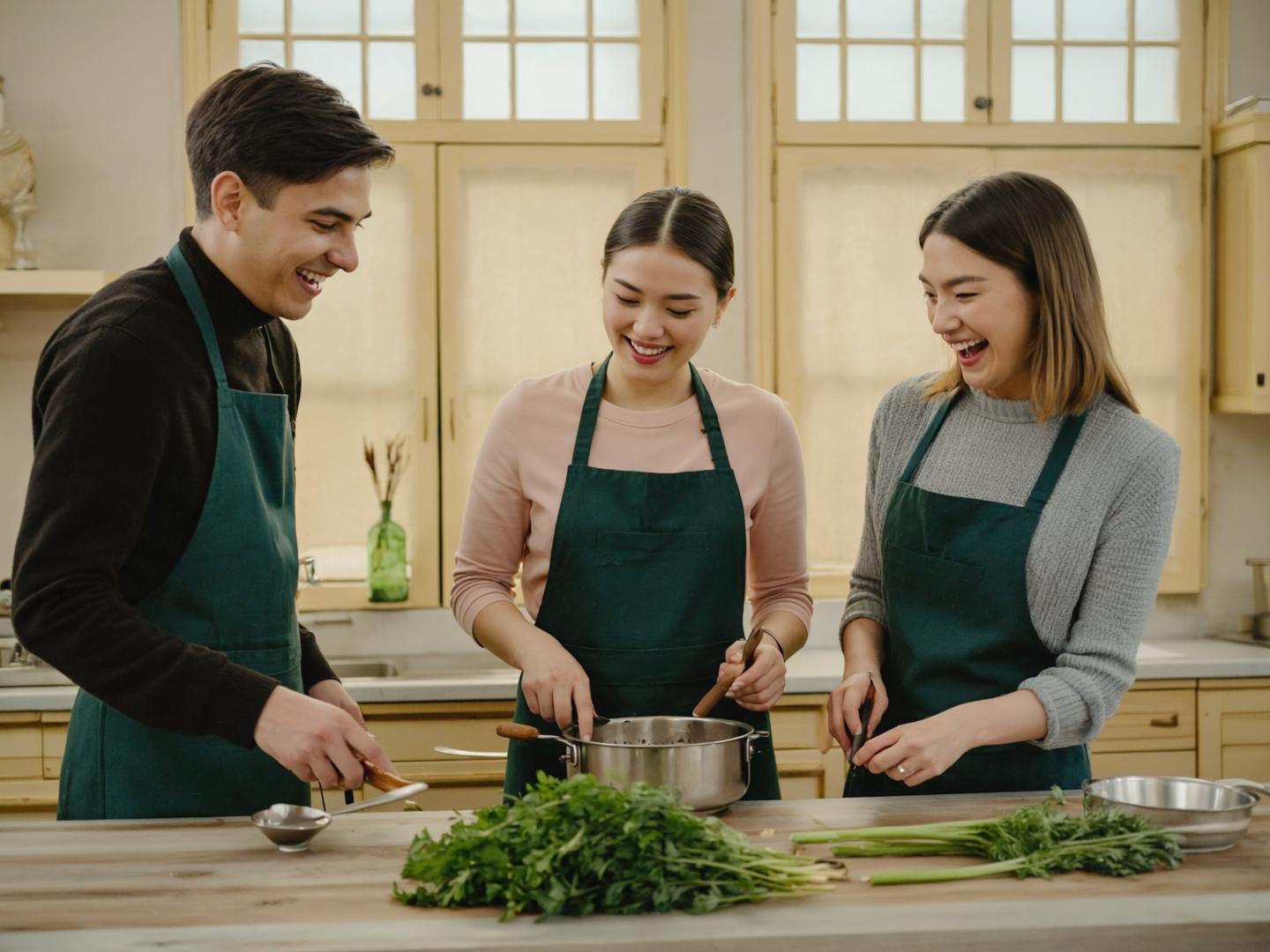 People cooking together in a bright communal kitchen
