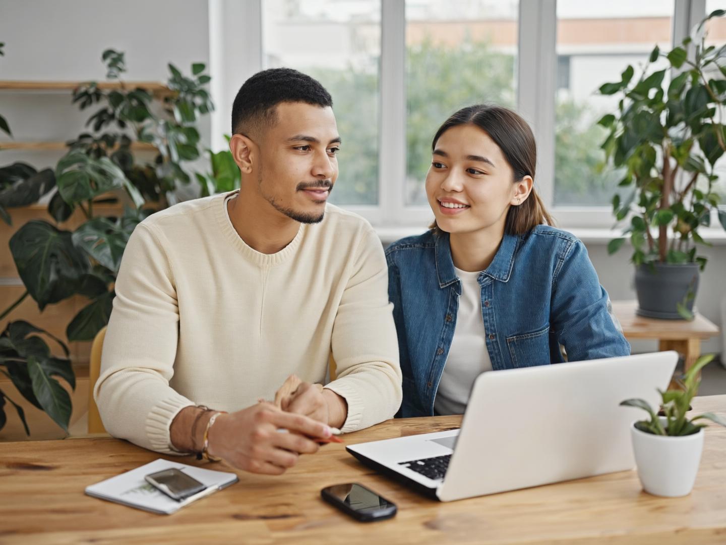 A mentor and a younger adult working together at a laptop in a bright room