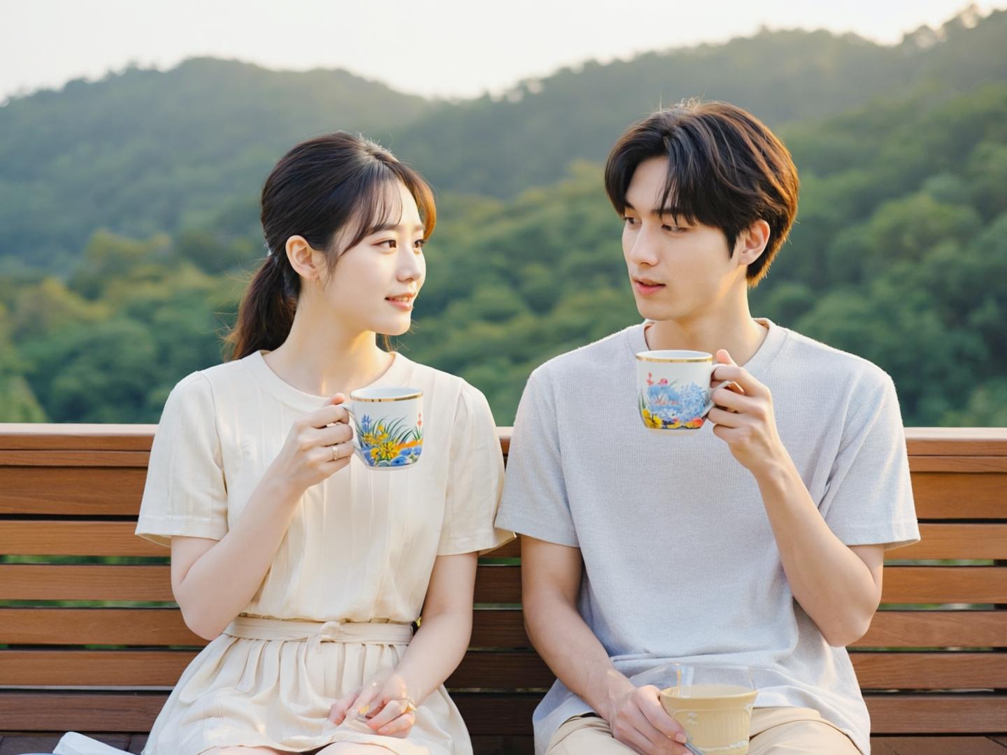Two adults talking over tea on a sunlit wooden terrace